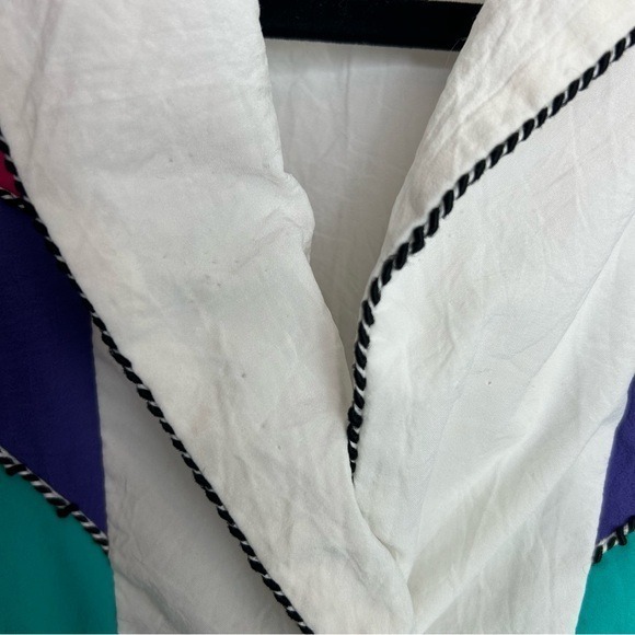 Vintage 80s Colorblock Chevron Short Sleeve Blouse White Pink Purple Teal - Picture 8 of 9